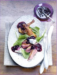 Duck, Spinach and Goat Cheese Salad with Savory Wild Blueberry Sauce