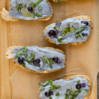 Vegan Wild Blueberry Cashew Spread on Crostini with Fresh Basil