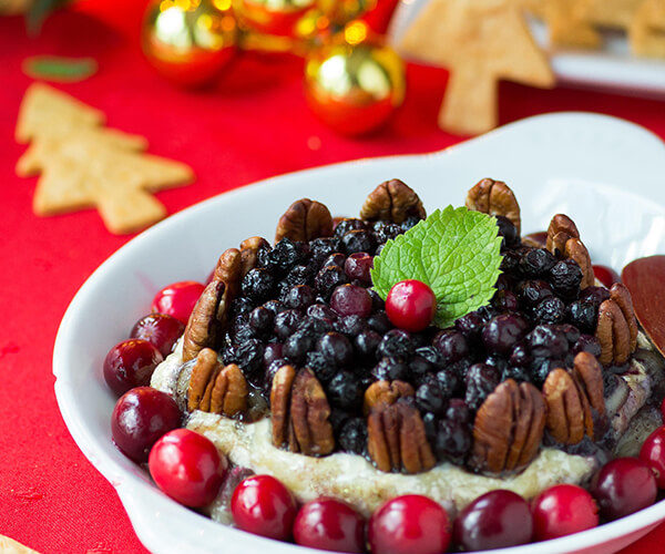 Wild Blueberry Pecan Baked Brie with Holiday Spices