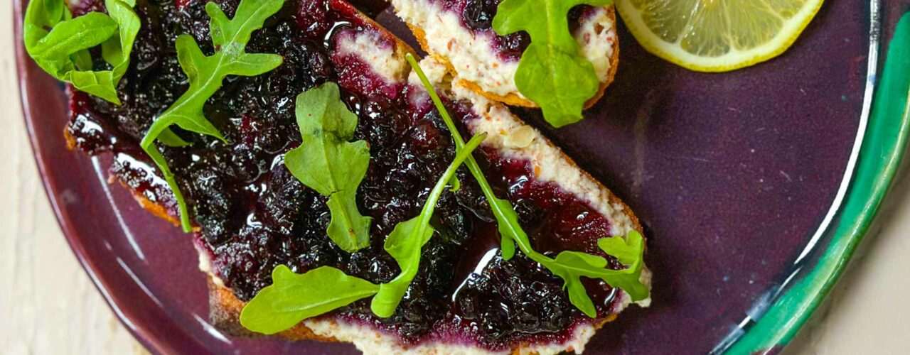Wild Blueberry Grilled Sourdough with Cashew Ricotta, Blueberry Compote, Arugula
